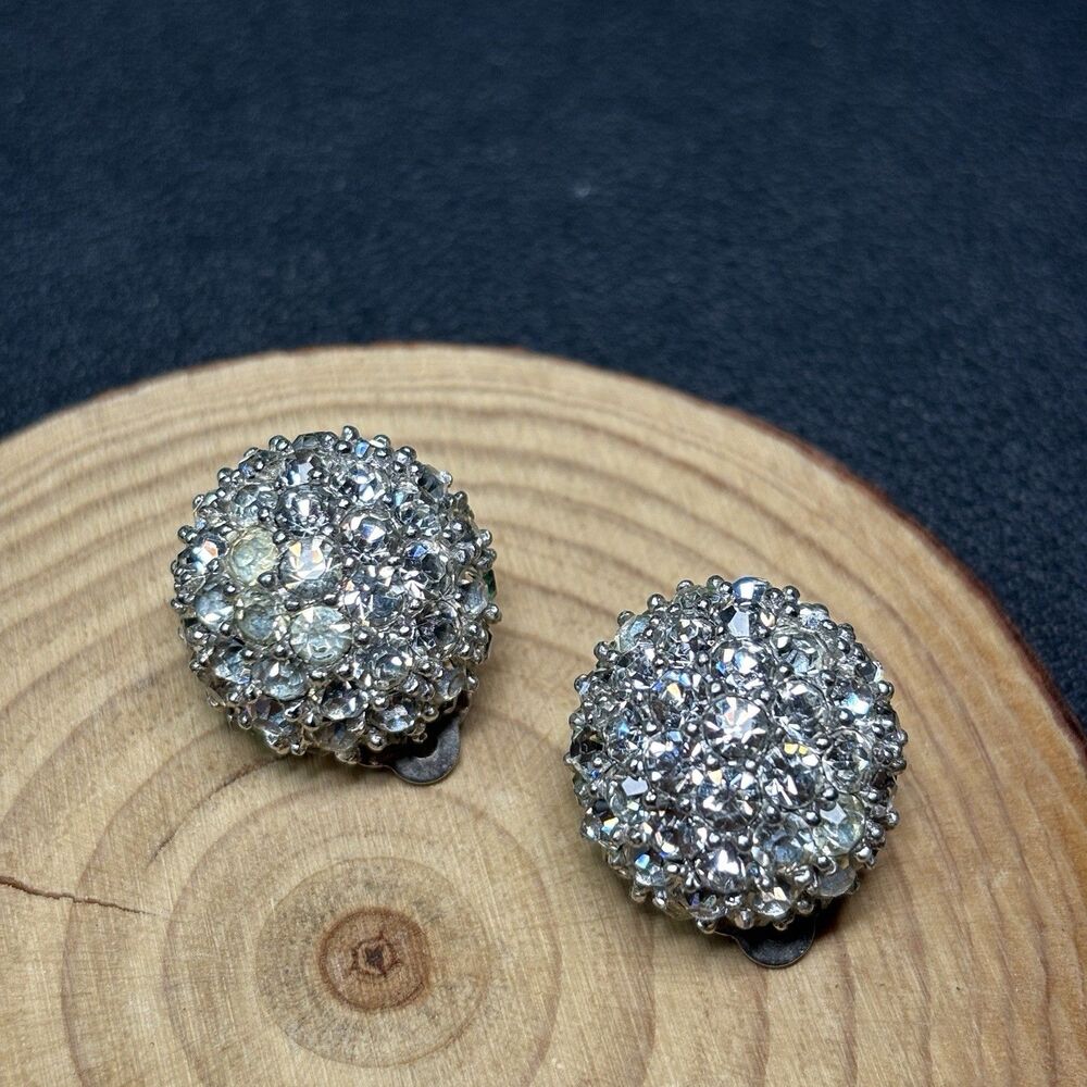 Vintage Jomaz Rhinestone Dome Clip On Earrings Silver Tone Pave Crystal 1”